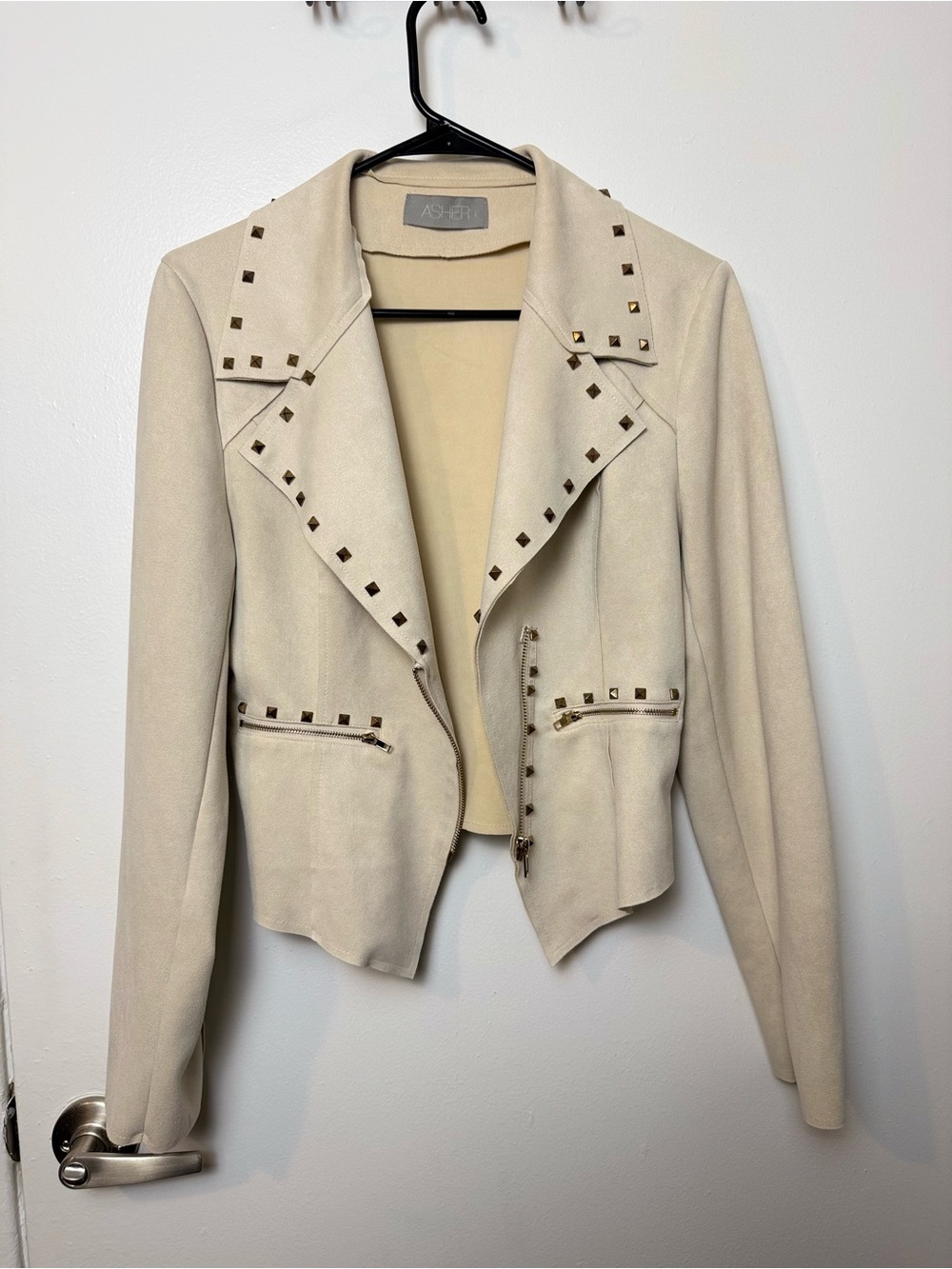 Asher Studded Faux Suede Moto Jacket Cream Ivory Size Large - Picture 5 of 7